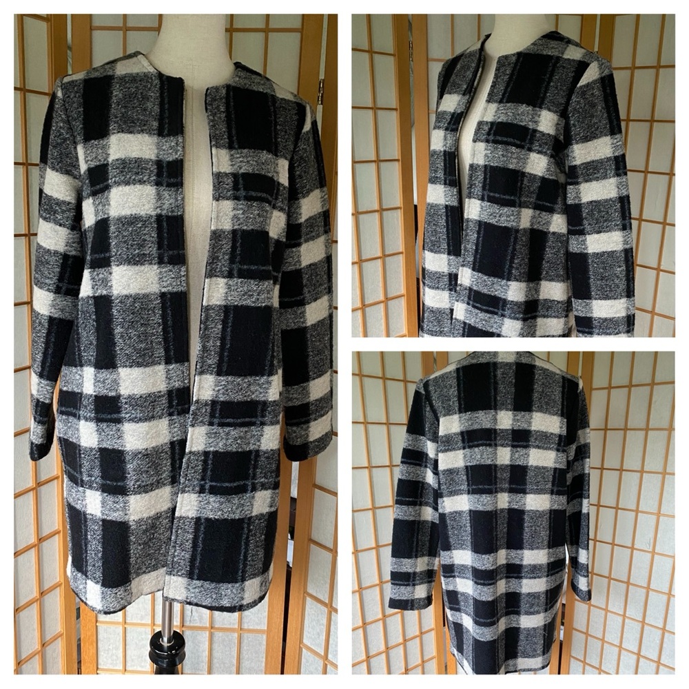 Aspen Black and Grey Checked Wool Blend Open Long Cardigan Coat SZ S